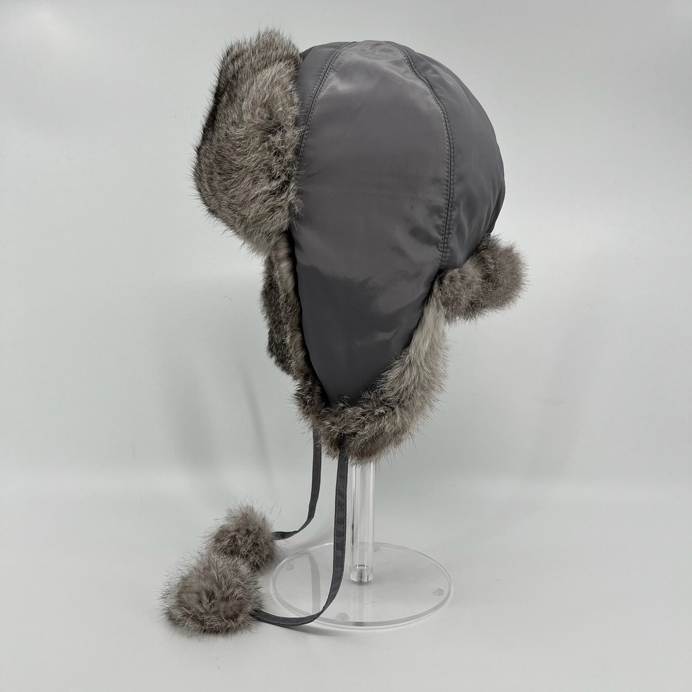 Adrienne Landau Trapper Hat Womens OS Grey Rabbit Fur Trim Pompom Quilted Lining